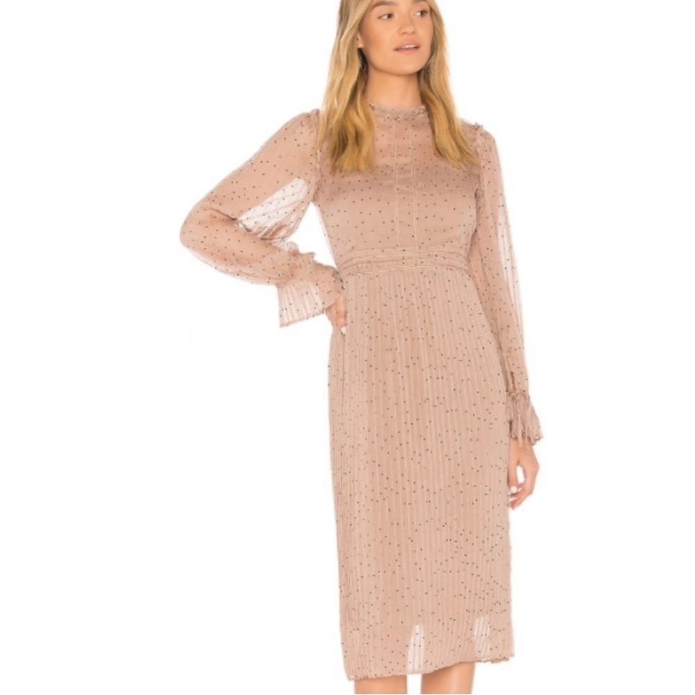 Anthropologie Line n Dot Dress Women's S & M Taupe Midi Semi Sheer Long Sleeve